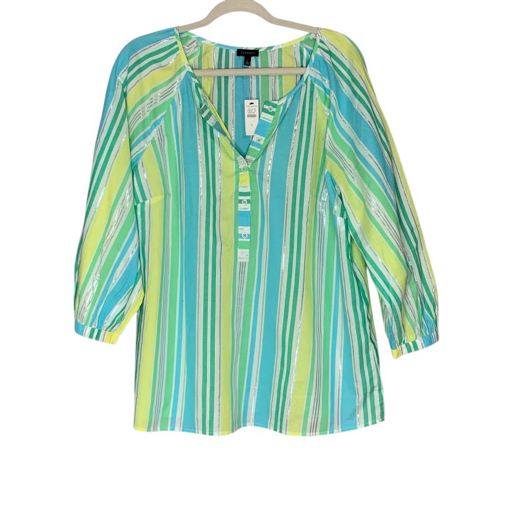 Talbots NWT bright cheery multi striped 3/4 button up blouse. Size L